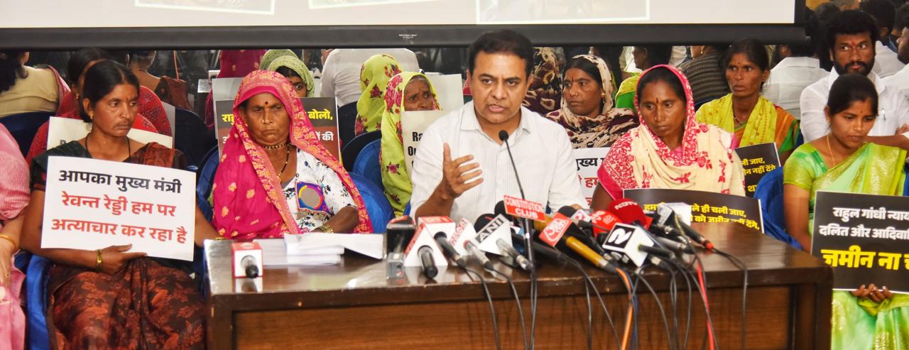 Telangana Lagacharla Victims Unite with KTR in Delhi to Expose Telangana Government’s Atrocities against Tribals and Farmers